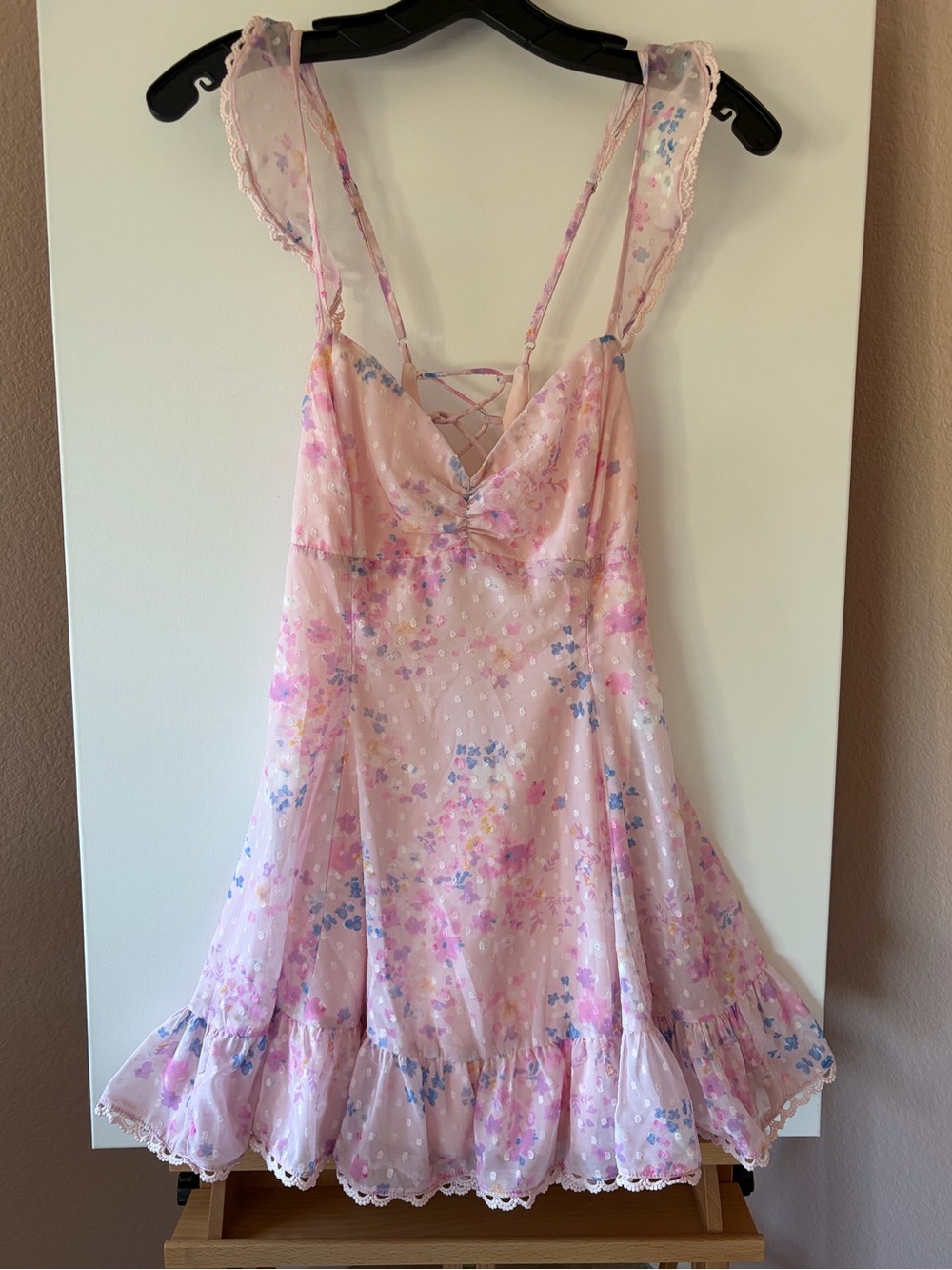Lucy in the Sky Cindi Pink Floral Dot Ruffle Lace Up Back Mini Dress fits XS/S
